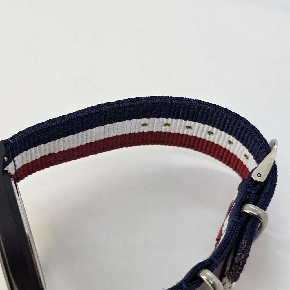 Men's 42MM Field Watch‎ Black Dial Blue White Red Canvas Band Straps New Battery